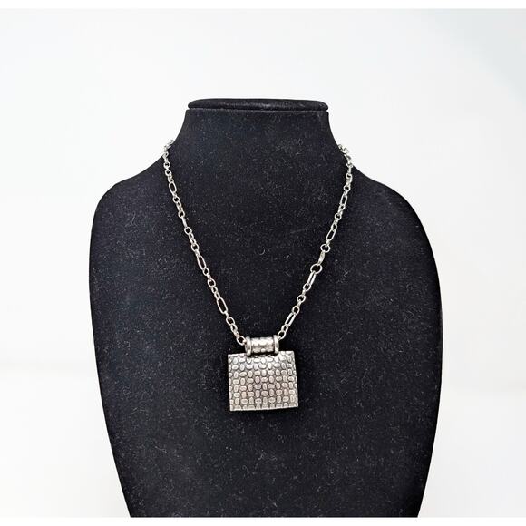 Silver Tone Necklace Link Chain Square Textured Geometric Pendant - Picture 1 of 5